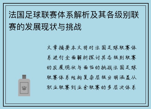 法国足球联赛体系解析及其各级别联赛的发展现状与挑战