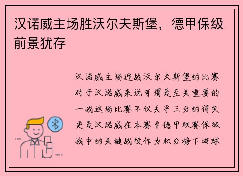 汉诺威主场胜沃尔夫斯堡，德甲保级前景犹存